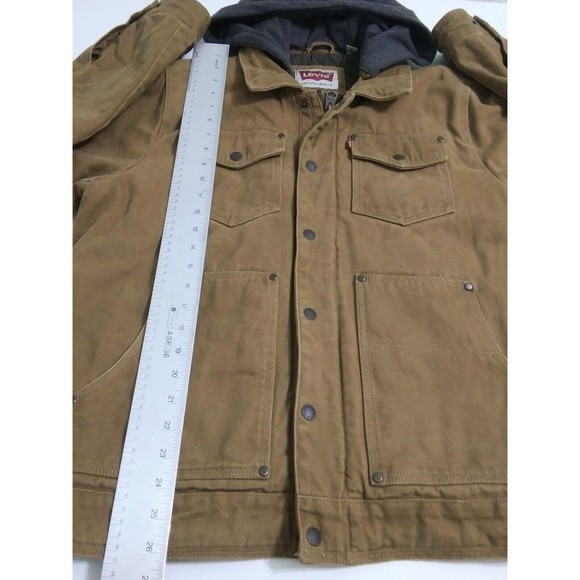 Levis Jacket Men's Medium Brown Lined Zip Snap Canvas Hoodie Trucker Coat - Picture 10 of 10